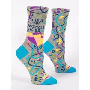Blue Q Gray Floral 'I Love My A$$hole Kids' Women's Crew Socks with Teal Accents